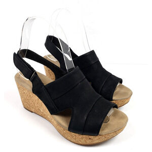 Clarks Annadel Womens Size 6 Black Tan Cork Wedge Sling Back Sandals Shoes